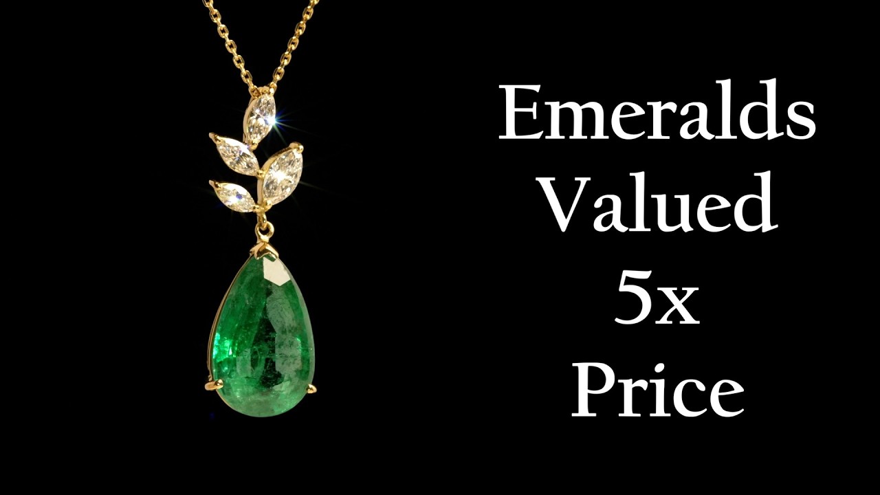 The Angel Emeralds pendant, a vivid green emerald with diamonds, titled Emeralds Valued 5x Price