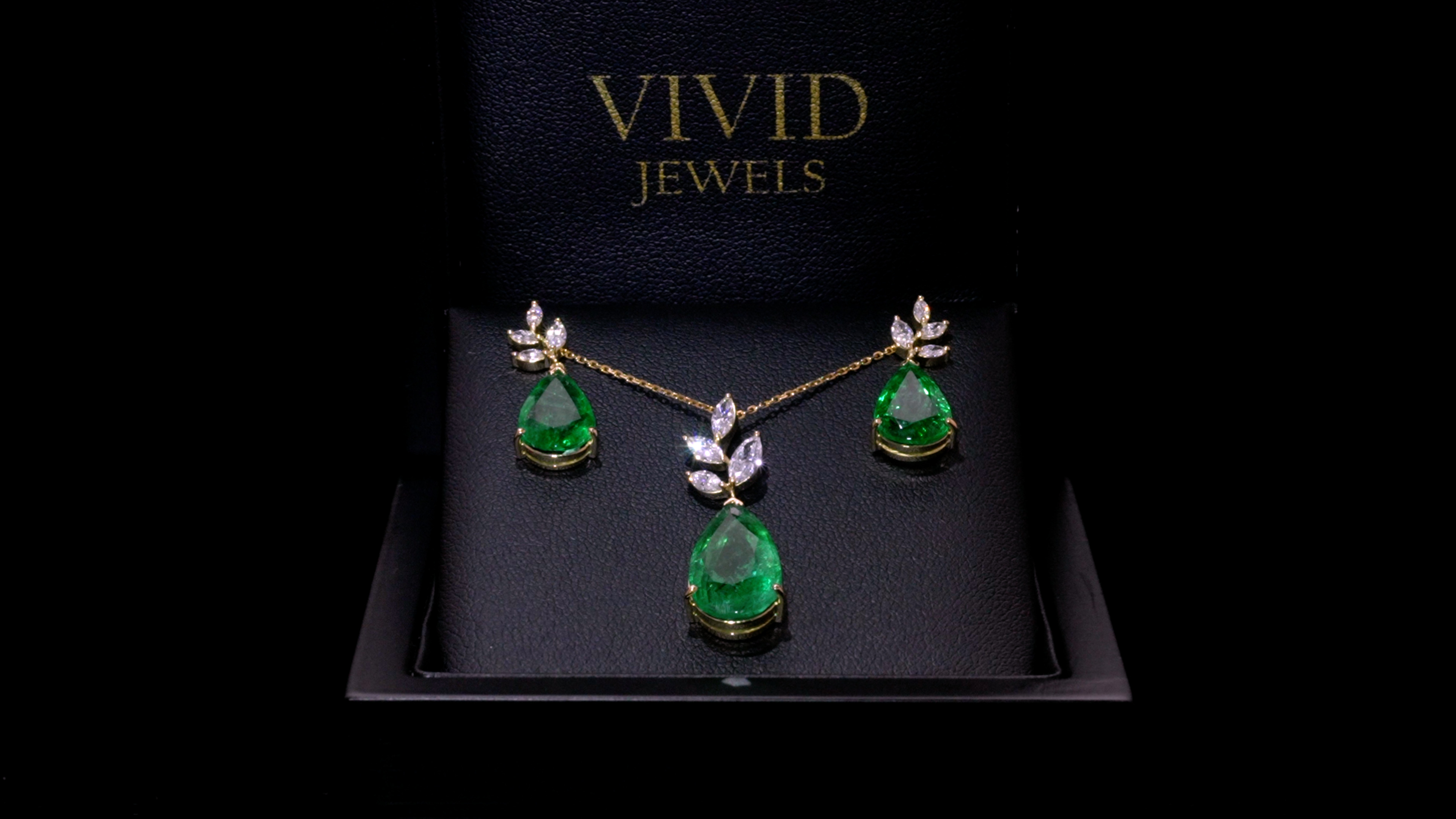 The Angel Emeralds, vivid green Zambian emeralds with diamonds, in a Vivid Jewels box