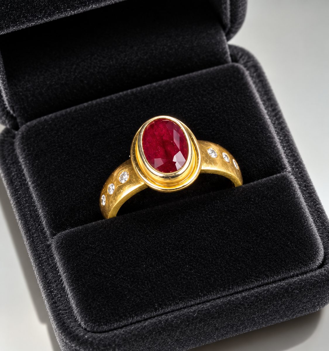 Oval red ruby and diamond ring in a gold setting, second-hand ruby valuation Canberra