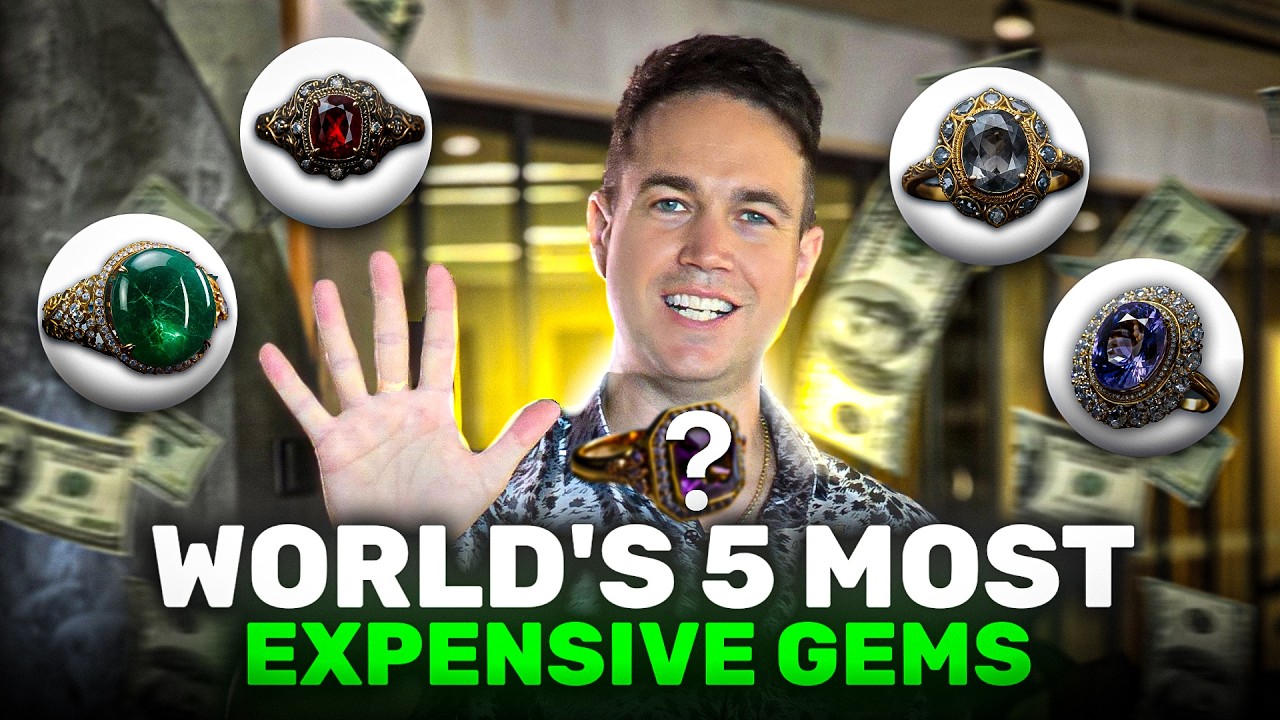 Josh Mulrine of Vivid Jewels with four rare gemstone rings, from the video 5 Gems More Expensive Than Diamonds
