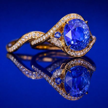 The Blue Lotus: 4.54ct unheated cornflower blue Ceylon sapphire engagement ring in yellow gold with diamonds and a matching band