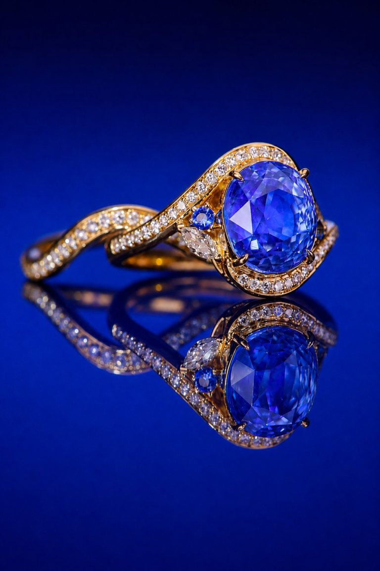 The Blue Lotus, a 4.54 carat unheated cornflower blue Ceylon sapphire engagement ring in yellow gold, by Vivid Jewels