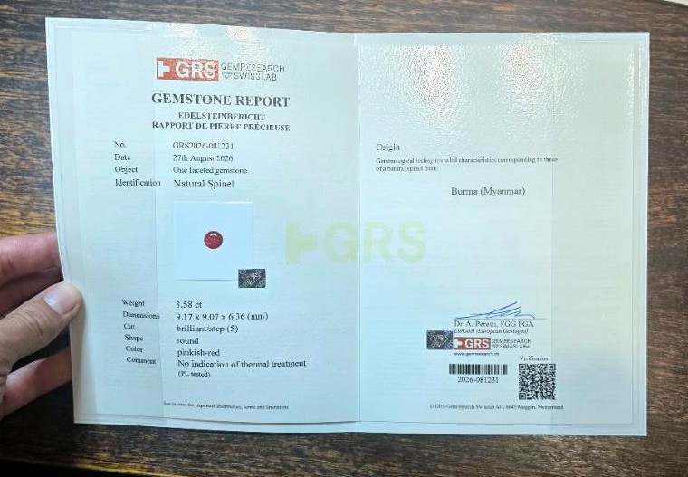GRS gemstone report for the 3.58ct natural spinel from Burma, with no indication of thermal treatment