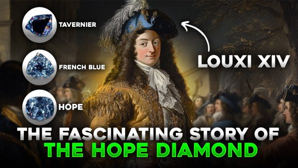 Louis XIV beside the Tavernier Blue, the French Blue and the Hope Diamond, from the video The Fascinating Story of the Hope Diamond