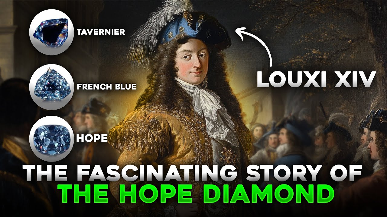 Louis XIV beside the Tavernier Blue, the French Blue and the Hope Diamond, from the video The Fascinating Story of the Hope Diamond