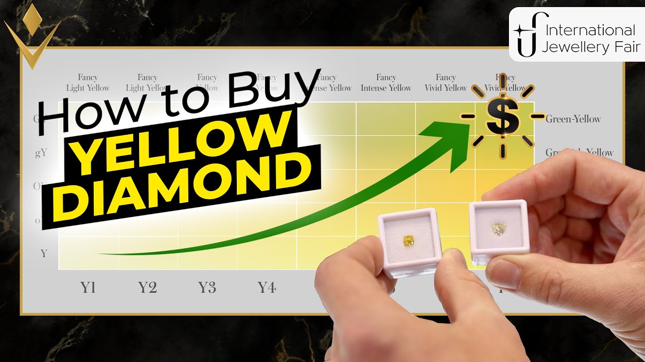 Two yellow diamonds held up against a yellow diamond colour chart from Y1 to Y8, from the video How to Buy Yellow Diamonds
