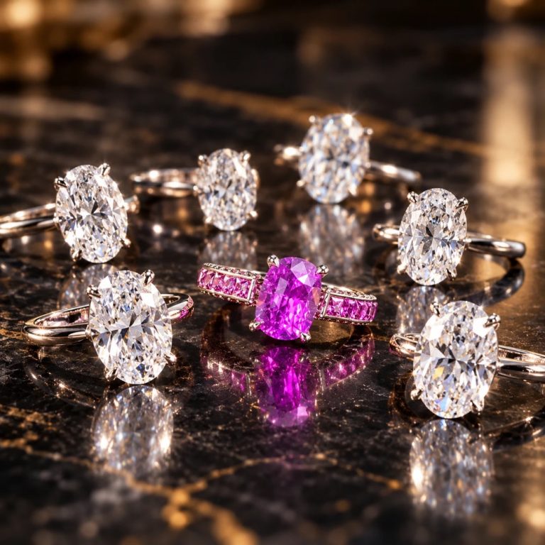 A row of identical oval diamond engagement rings with one rich pink sapphire ring standing out in the middle
