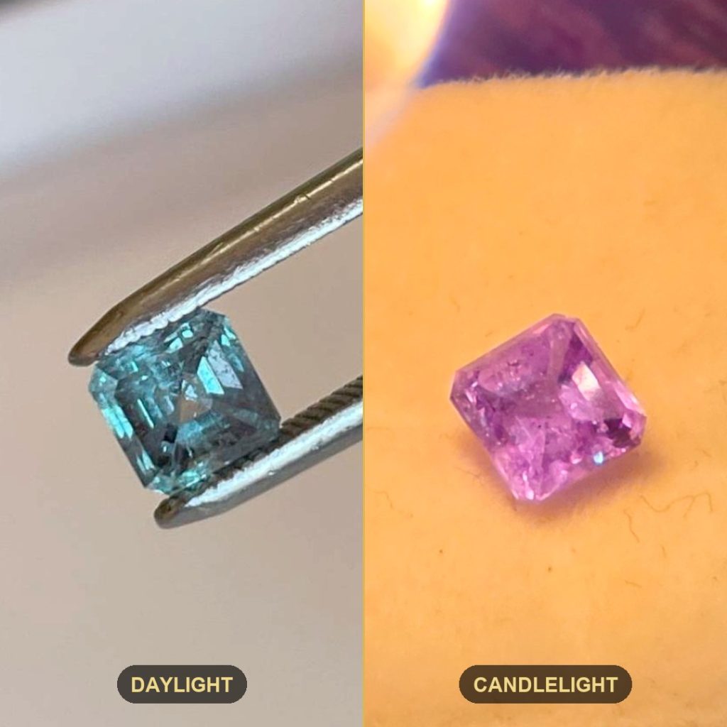 The 0.94ct Russian alexandrite side by side: green in daylight on the left, pinkish-purple by candlelight on the right