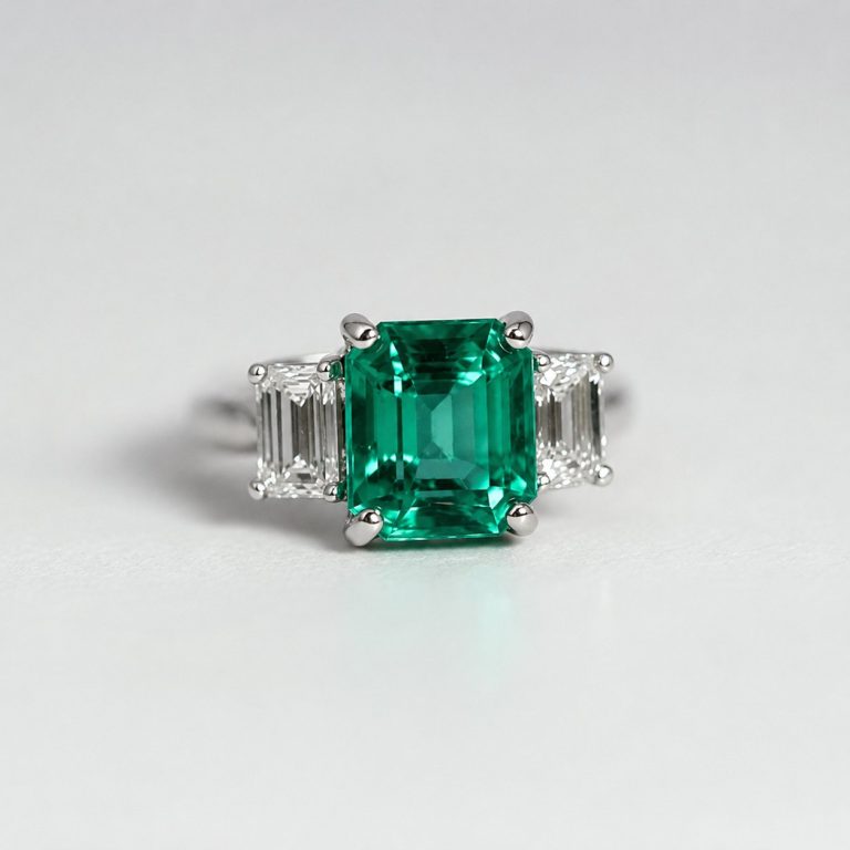 1.95 carat vivid green Zambian emerald engagement ring with emerald-cut diamonds in white gold