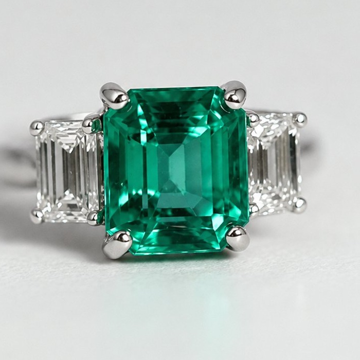 Close-up of a 1.95 carat vivid green Zambian emerald engagement ring